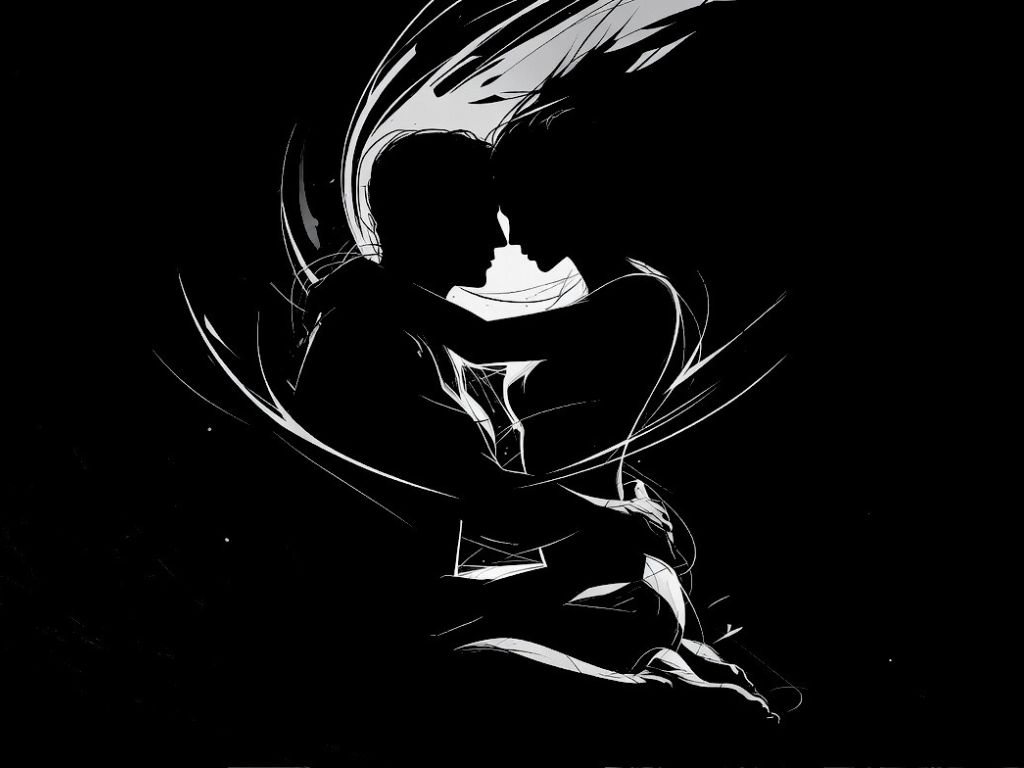 Couple embracing, black and white illustration