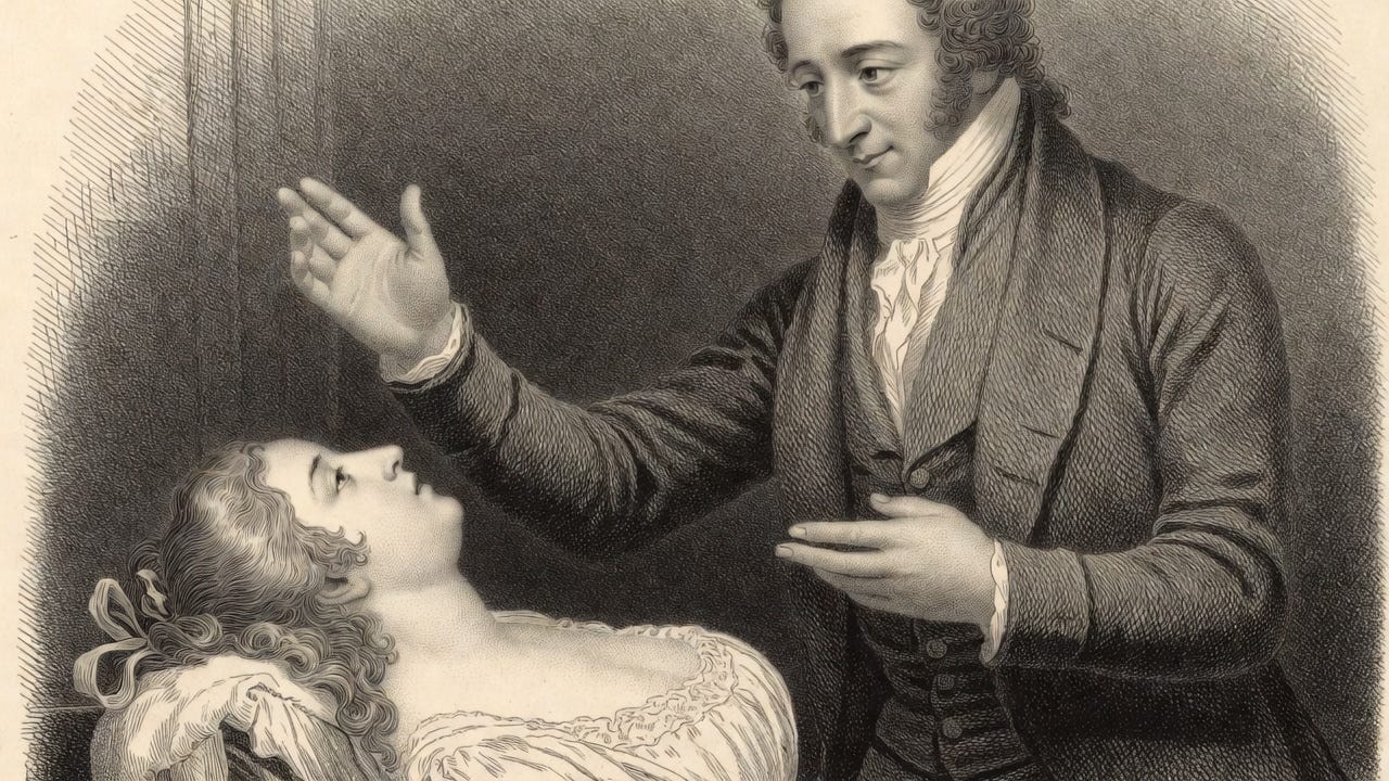 A black and white line drawing of Franz Mesmer hypnotizing a woman with animal magnetism in a historical style.